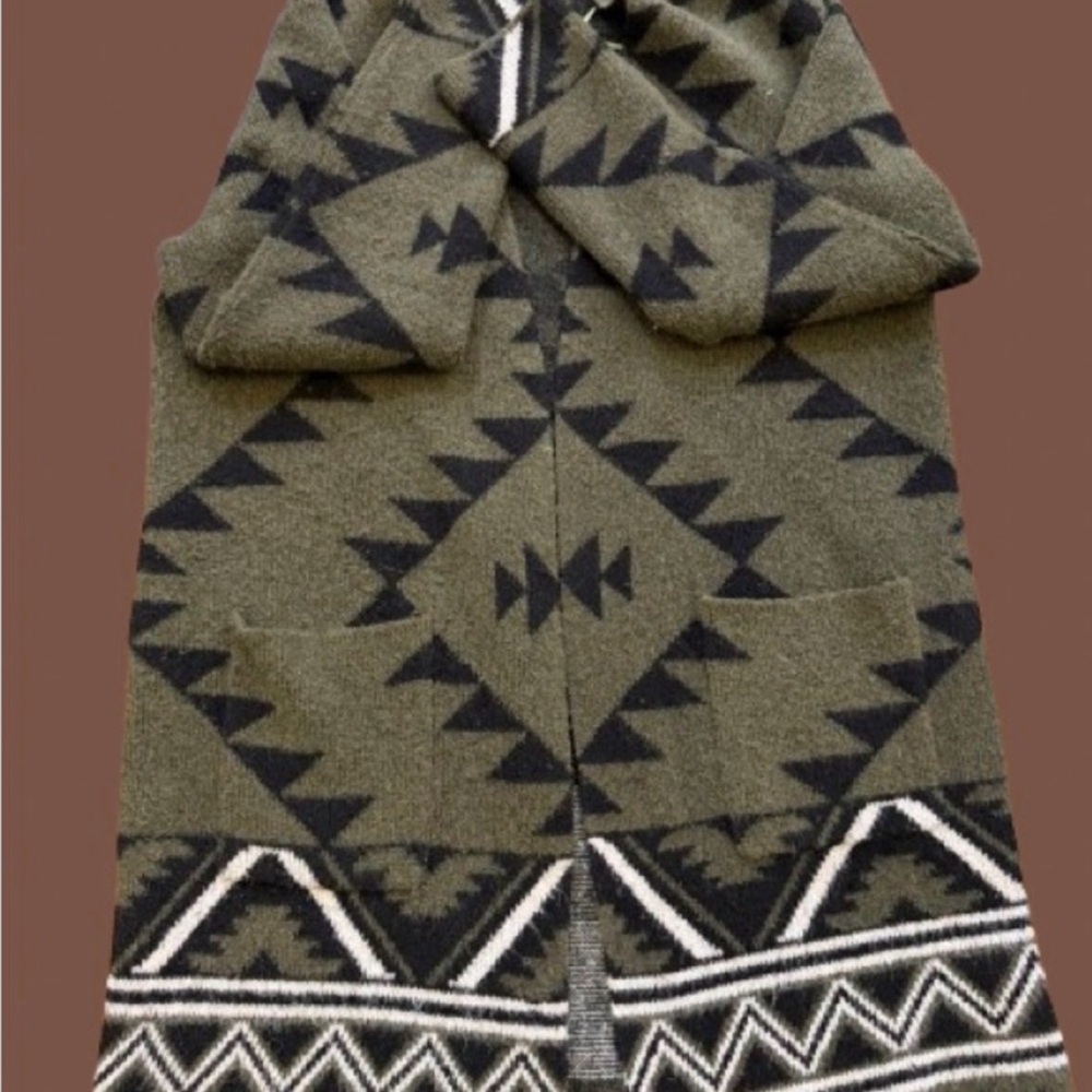 Frye Cozy Cardigan Olive Green Knit Boho Western Aztec Duster Long Sweater S - Picture 6 of 16